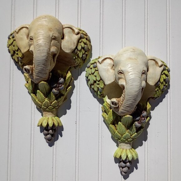 Vintage Pair of Elephant Brackets Drapery Sconce Corbels Chalkware MCM Wall Art - Picture 12 of 14